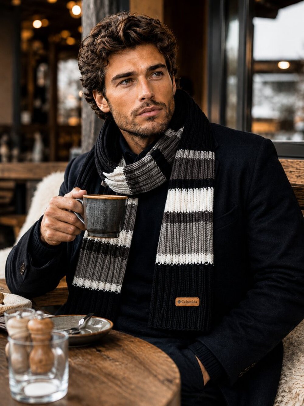 Columbia Unisex Ribbed Knit Scarf Black Gray Cream Stripe Cold Weather NEW